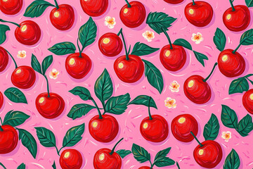 Pink background with vibrant red cherries and lush green leaves, creating a colorful and eye-catching fruit display.