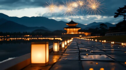 Obraz premium Pathway adorned with golden lanterns, soft glow leading to a grand pagoda, fireworks bursting above in brilliant hues