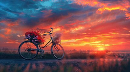 Fototapeta premium a vintage bicycle with colorful flower in the basket