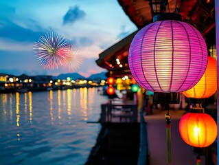 Riverbank lit by hanging lanterns, reflections shimmering on the water, and fireworks in vivid colors above