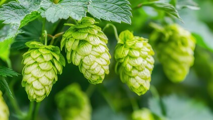 Closeup of Fresh Green Hop Cones on the Vine