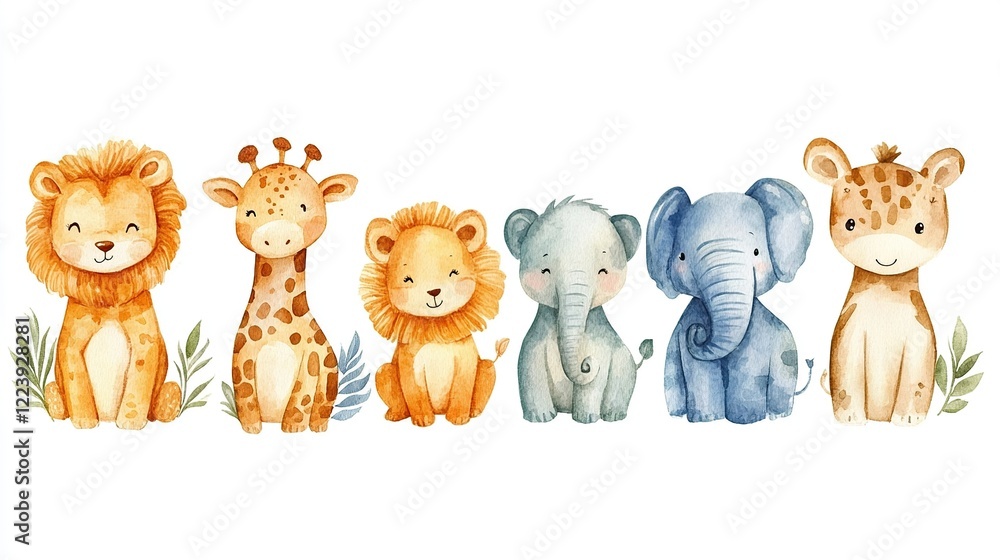 Wall mural Adorable safari animals, watercolor illustration, white background, nursery decor