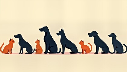 Obraz premium Dogs, cats sitting in row. Silhouettes of pets create minimalist design. Pets sitting side by side with simple color palette, clean style. Illustration suitable for pet lovers, designers, anyone