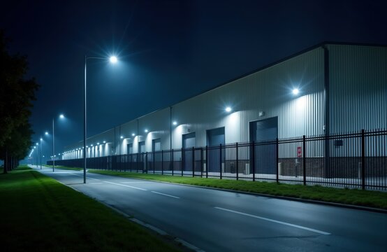Exterior warehouse at night. Robust fence secures perimeter. Illuminated by security lights. Empty road. Residential area adjacent to industrial property. Safe, secure industrial building in modern