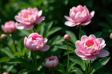 Obraz premium Soft pink peony flowers in a lush green foliage with deep shadow, garden flowers, garden scenes, flowers