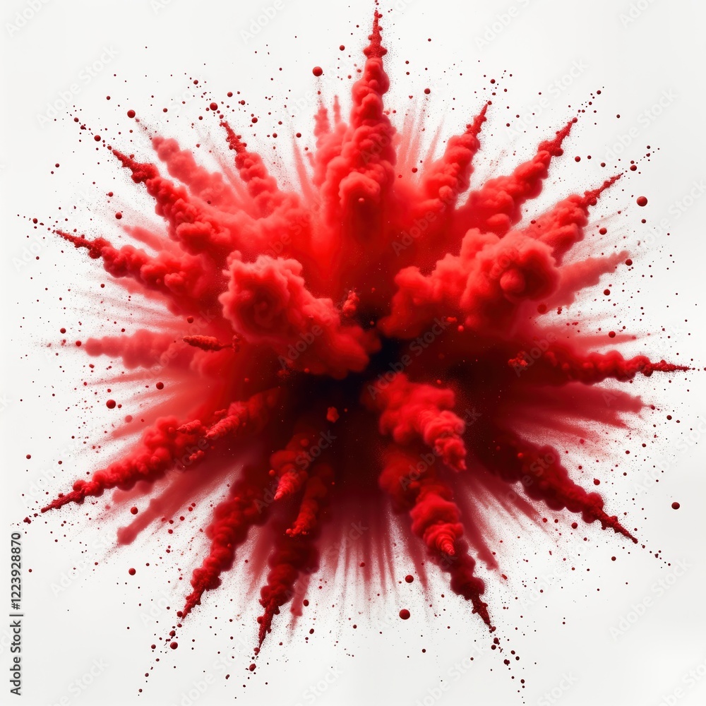 Aufkleber red powder explosion bursts outward against white background. vivid colour pattern radiates outward 
