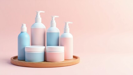 Pastel colored bottles and jars on wooden tray