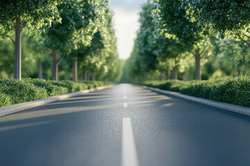 Road lined with trees and bushes creating a tunnel effect; sunlight streaming through branches, casting shadows on the path.