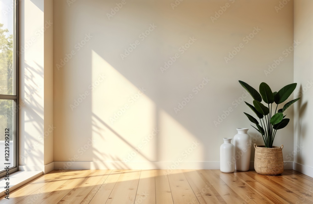 Poster empty room with sunlight shining through window casting shadows on light beige walls. wooden floor r