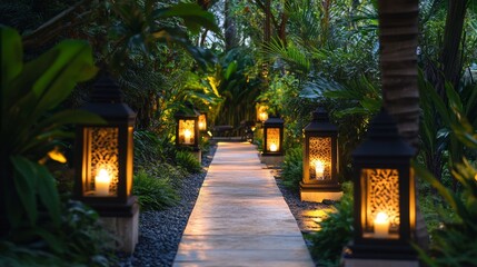 Enchanted Night Path Lit by Lanterns in Lush Garden