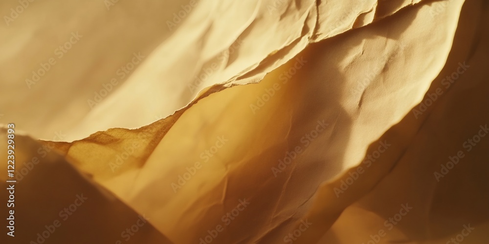 Poster close up of crumpled brown wrapping paper illuminated by warm light, creating an abstract textured b