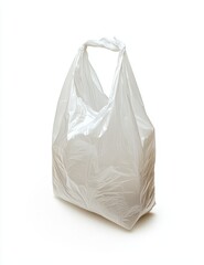 Empty white plastic shopping bag with handle, isolated on white background.