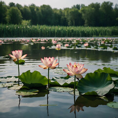 A closeup of lotus flowers and large green