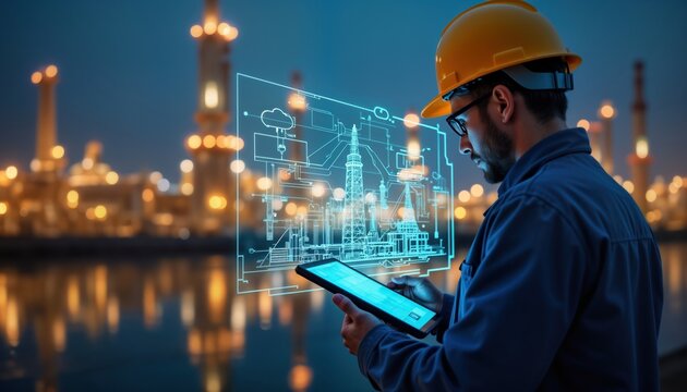 Engineer manages smart city energy system. Uses tech tablet to access virtual blueprints of oil, gas plant. Future smart factory sustainable eco power management. Digital interface shows information