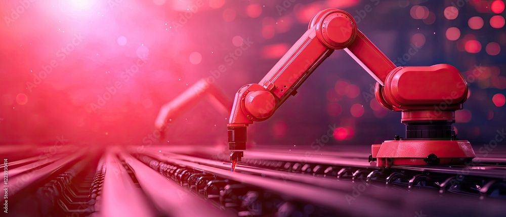 Poster a robotic arm operates in a futuristic, illuminated environment, showcasing advanced technology and 