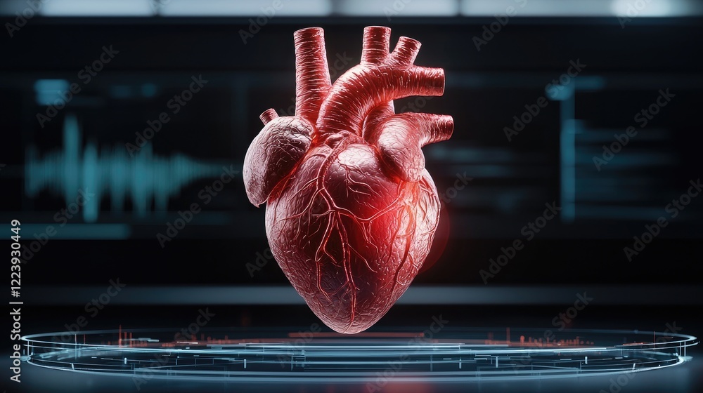 Poster a hyper-realistic 3d rendering of a human heart, showcasing intricate details and a glowing appearan