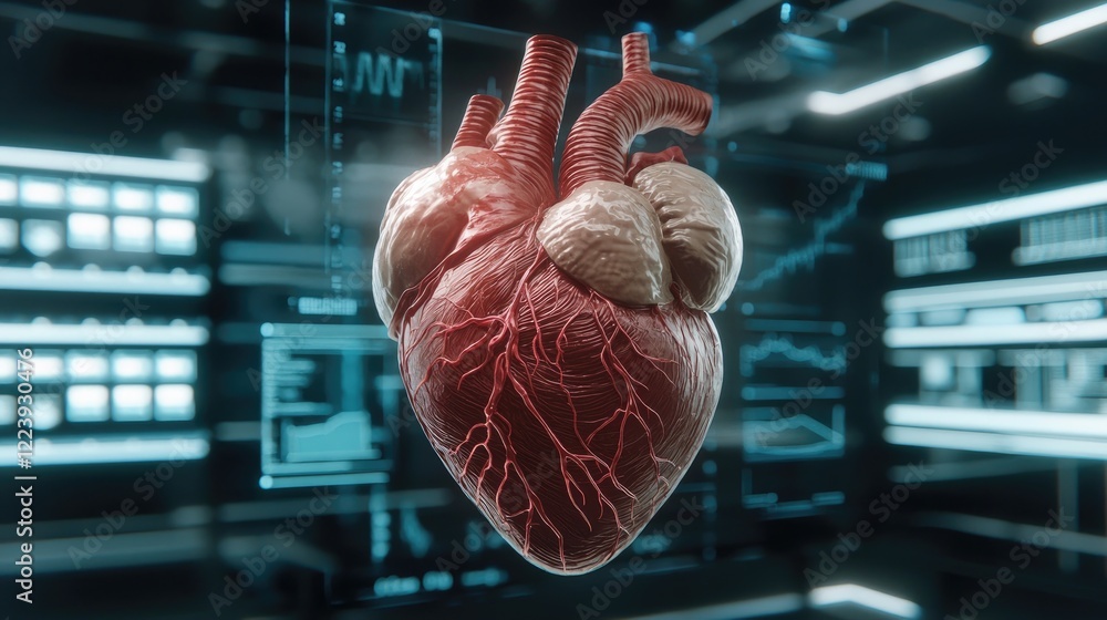 Poster a detailed, 3d-rendered heart model displayed against a digital interface, showcasing its intricate 