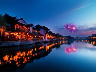 Fototapeta premium Vibrant fireworks reflecting on a serene river, traditional houses lit by soft lantern light, blending culture and natural beauty