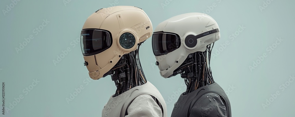 Poster two futuristic robots with sleek designs and distinct helmets stand side by side, showcasing advance