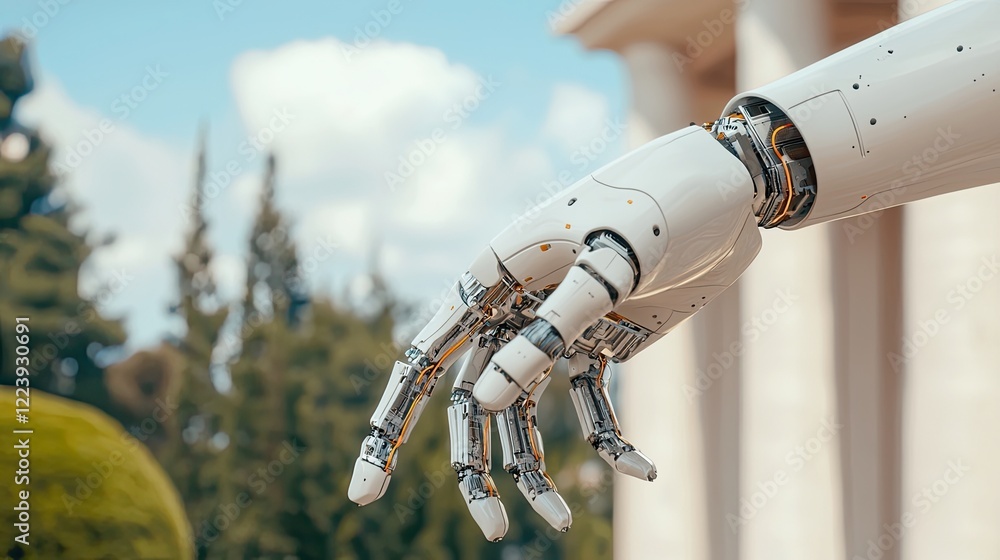 Aufkleber a robotic hand reaching out against a backdrop of trees and classical architecture, symbolizing the 
