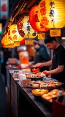 Traditional street market adorned with red and gold lanterns, vendors selling colorful goods under a festive atmosphere
