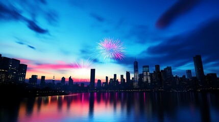 Obraz premium Vibrant skyline with layered fireworks in blue and pink, bold reflections on glass buildings, creating a festive and energetic atmosphere