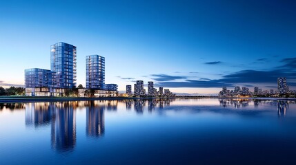 Obraz premium Vibrant firework display over a serene skyline, reflections glowing on water as colorful bursts fill the night sky