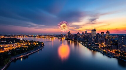 Fototapeta premium Vibrant firework display over a serene skyline, reflections glowing on water as colorful bursts fill the night sky