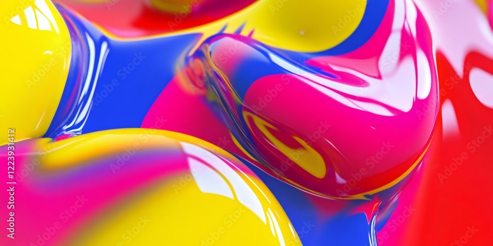 Poster vibrant paint mixing, creating dynamic abstract shapes with glossy, iridescent reflections and fluid