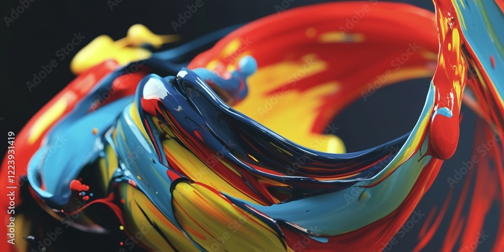 Poster dynamic swirling mixture of vibrant acrylic paints creating an abstract colorful artwork on a black 