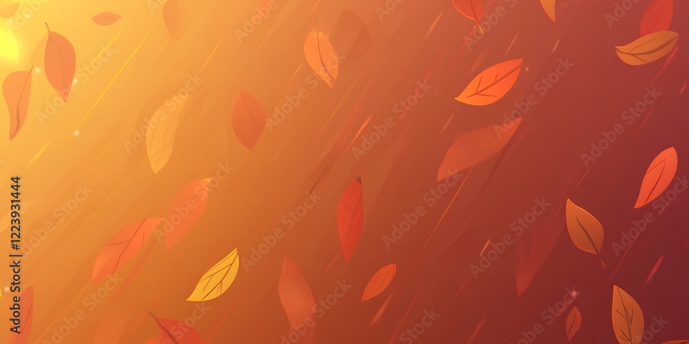 Poster colorful autumn leaves falling gently, creating a warm and vibrant background with a gradient of ora