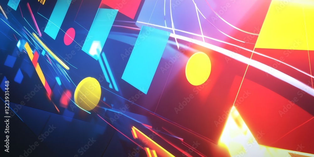 Poster vibrant geometric shapes and dynamic light trails create a modern and abstract background