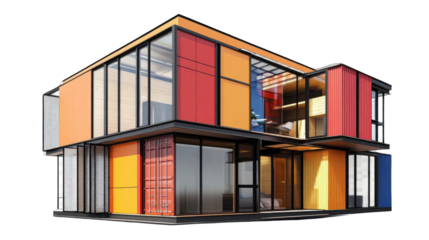 Modern Colorful Modular House: A vibrant and modern modular house design, showcasing a striking color palette of red, orange, and yellow, with expansive glass windows.