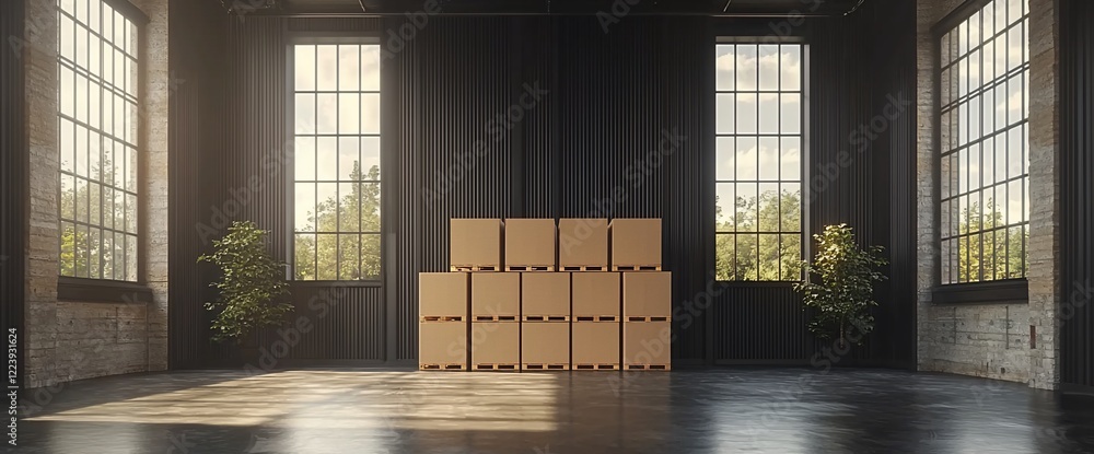 Aufkleber cardboard boxes stacked in a spacious industrial loft with large windows and sunlight streaming in.