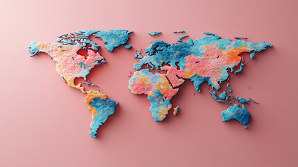 A 3D world map rendered on a soft pastel gradient background showcasing global connectivity with sleek design, minimalistic style, and a bright, modern tone for clean visuals and space for captions

