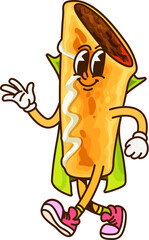 Groovy Cartoon Mexican enchilada wizard for Halloween character, vector Tex Mex funny food. Groovy enchilada wizard or mage in sorcerer mantle with happy face for Halloween holiday character