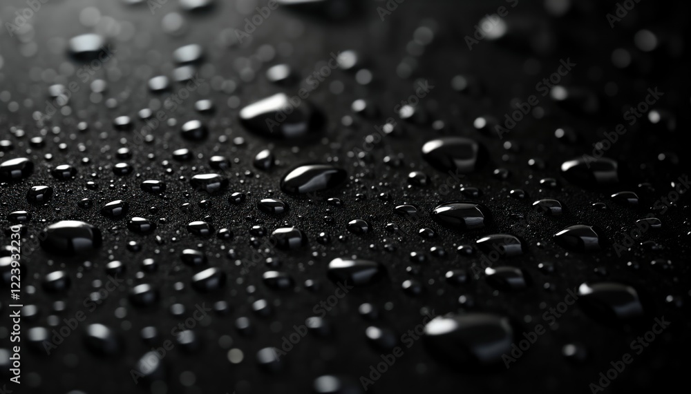 Aufkleber water droplets on black surface. close-up view of water droplets. water droplets form round shapes. 