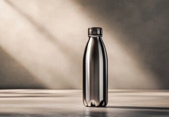 Sleek metallic water bottle on a table in soft light.