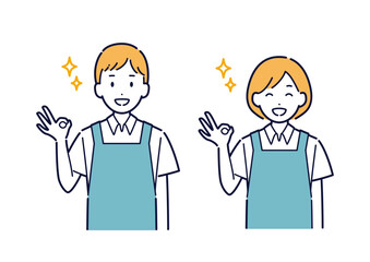 OKサインをするエプロンを着た男女のイラスト＿上半身