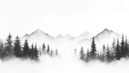 Obraz premium Black ink vector watercolor foggy forest and mountains panorama. 