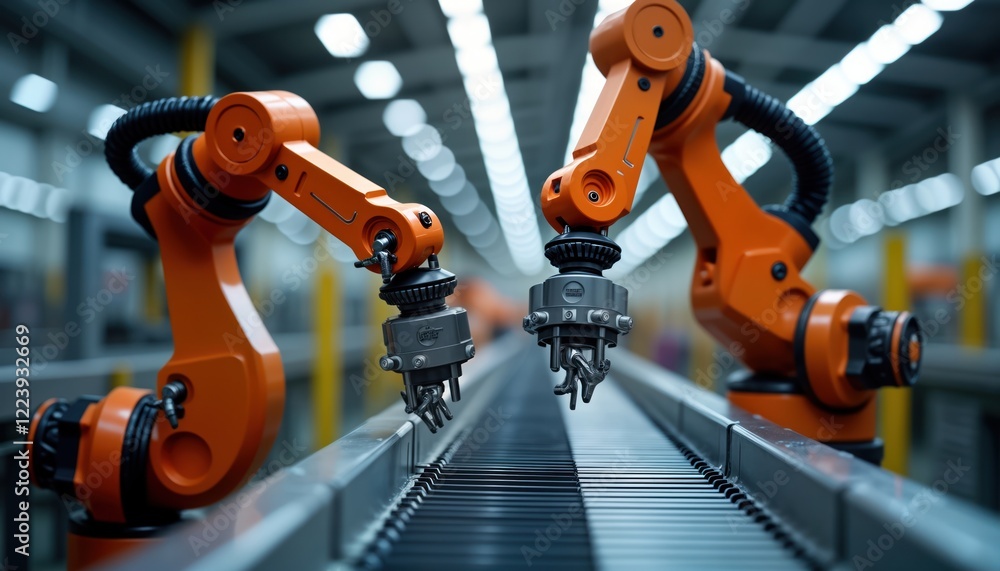 Poster Sophisticated orange robotic arms move items on assembly line. Advanced tech concept. Modern industrial scene. Factory automation. Robotic arms precisely manipulate objects. High-tech manufacturing