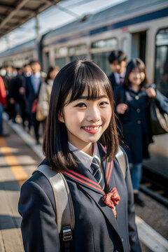 a young woman in a Japanese school uniform with a bright face and a charming smile on her face, Outdoor train station area .