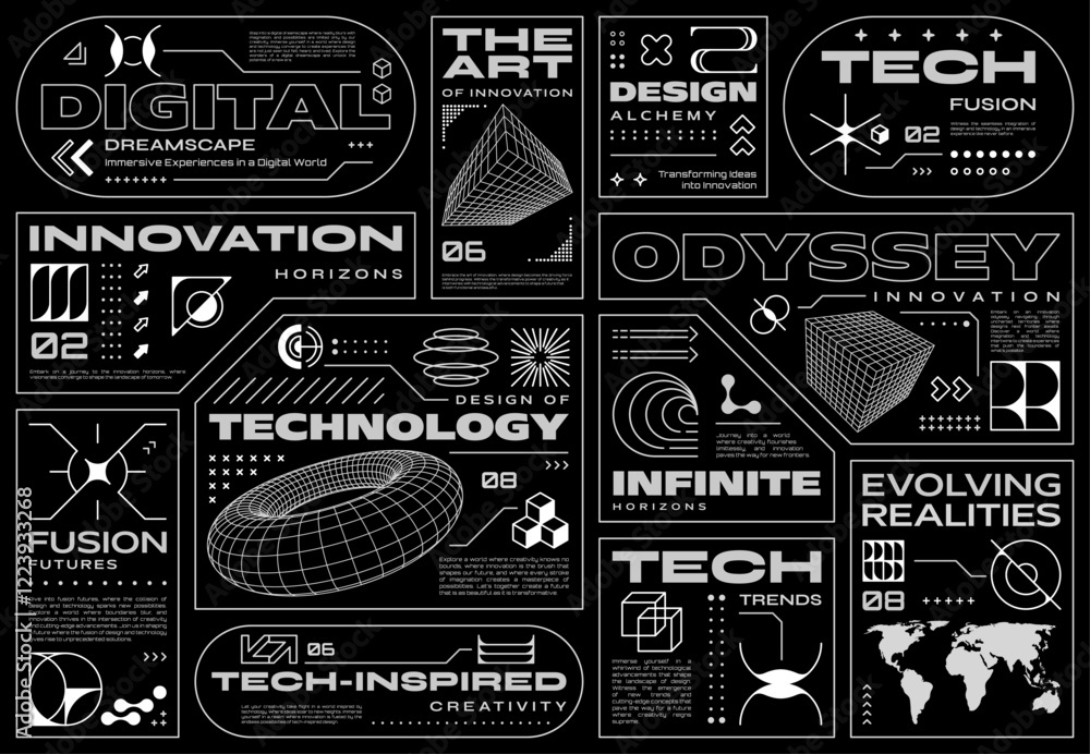 Aufkleber Retrofuturistic cyberpunk brutalism labels with abstract retro shapes, vector tags. Brutalism labels with futuristic technology and innovation tech 3D wireframe elements in retrofuturistic brutal art