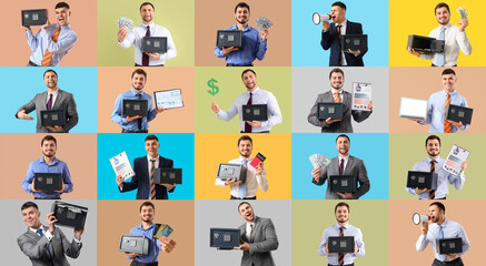 Collage of young businessmen with safe boxes on color background