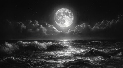 Full moon over ocean waves at night, serene seascape