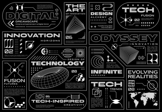Retrofuturistic cyberpunk brutalism labels with abstract retro shapes, vector tags. Brutalism labels with futuristic technology and innovation tech 3D wireframe elements in retrofuturistic brutal art