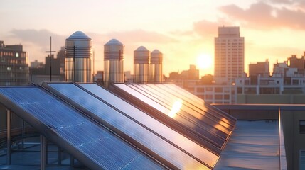 Fototapeta premium Modern solar panels with metallic finishes, placed on an urban rooftop against a soft blue sky