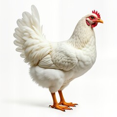Fototapeta premium White hen stands against transparent background. Studio shot of young farm animal. Close up view of hen body, feathers. Domestic bird, showing healthy look. Single hen, isolated, bright colours, real