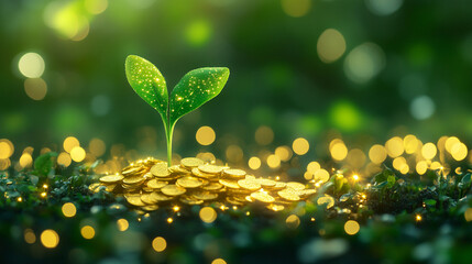 A vibrant green plant emerging from a pile of golden coins symbolizing growth, wealth, and potential amidst a blurred, calming green backdrop with minimalistic modern tones and space for captioning

