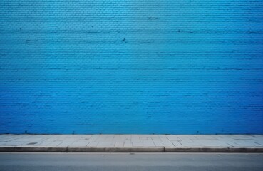 Big vivid blue brick wall extends along street sidewalk. Empty urban scene offers copy space. Horizontal photo captures large brick wall in city. Street background perfect for creative designs. Blue